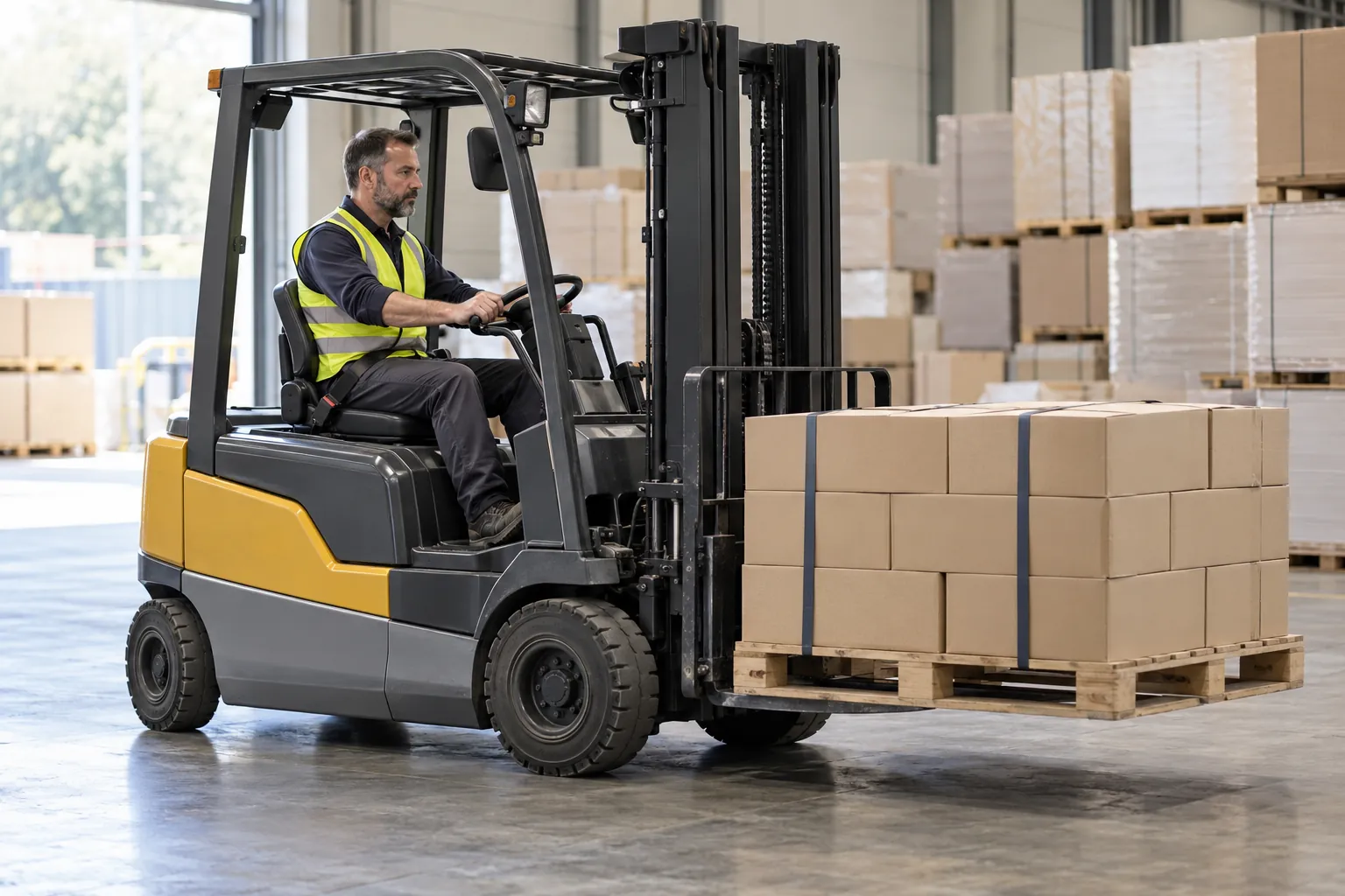 Een heftruckchauffeur vervoert een pallet met stevig gebundelde dozen in een magazijn.