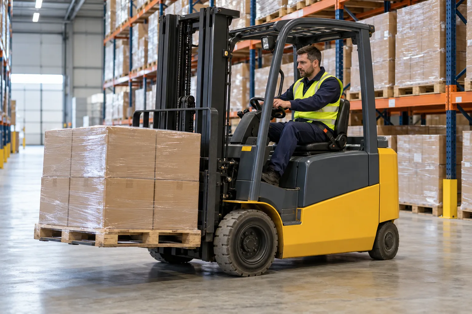 Een heftruckchauffeur verplaatst een verpakte pallet door een vrij magazijnpad.