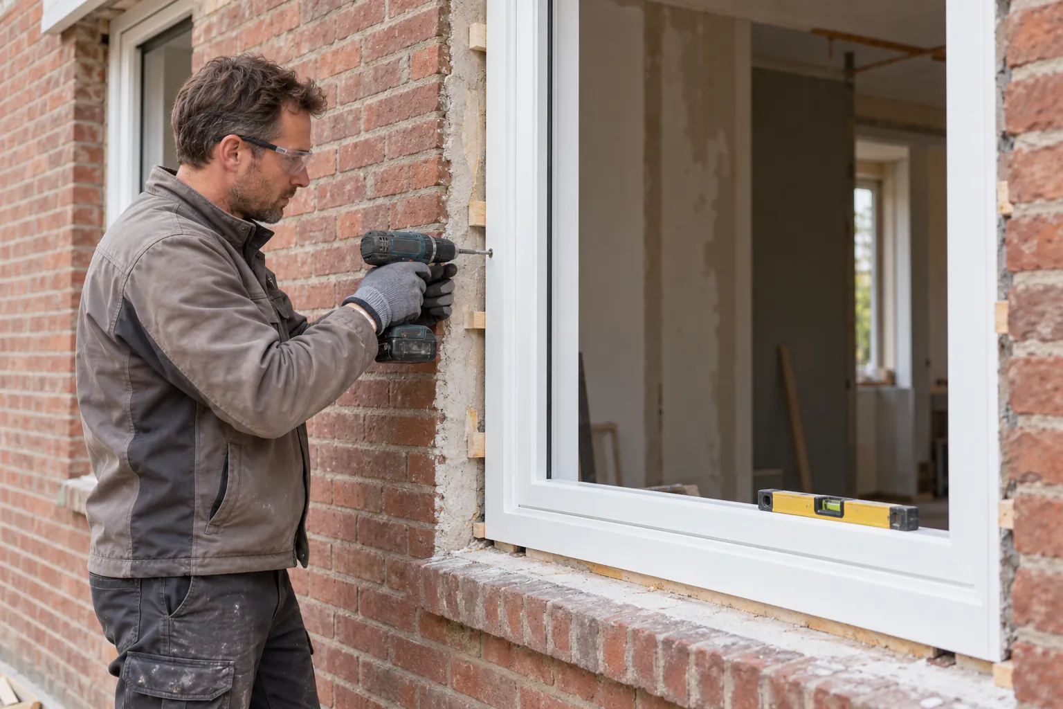 Een monteur met werkhandschoenen bevestigt een wit kunststof kozijn in een gemetselde gevelopening.