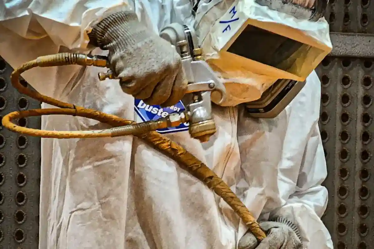 Medewerker met beschermkap en handschoenen gebruikt gereedschap met een luchtslang.