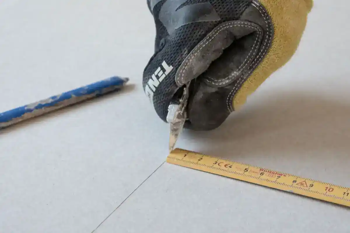 Gehandschoende hand snijdt een gipsplaat langs een meetlat.