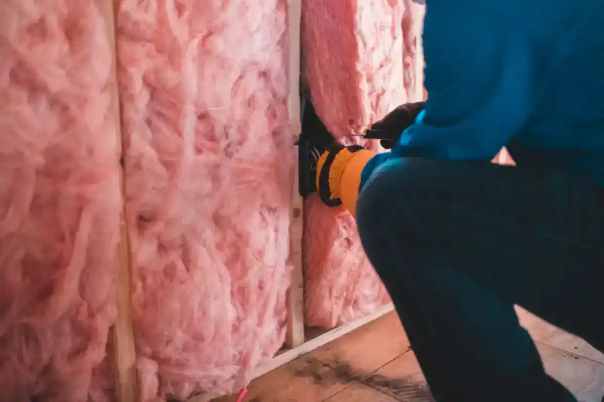 Medewerker met handschoenen plaatst roze isolatiemateriaal tussen houten stijlen.