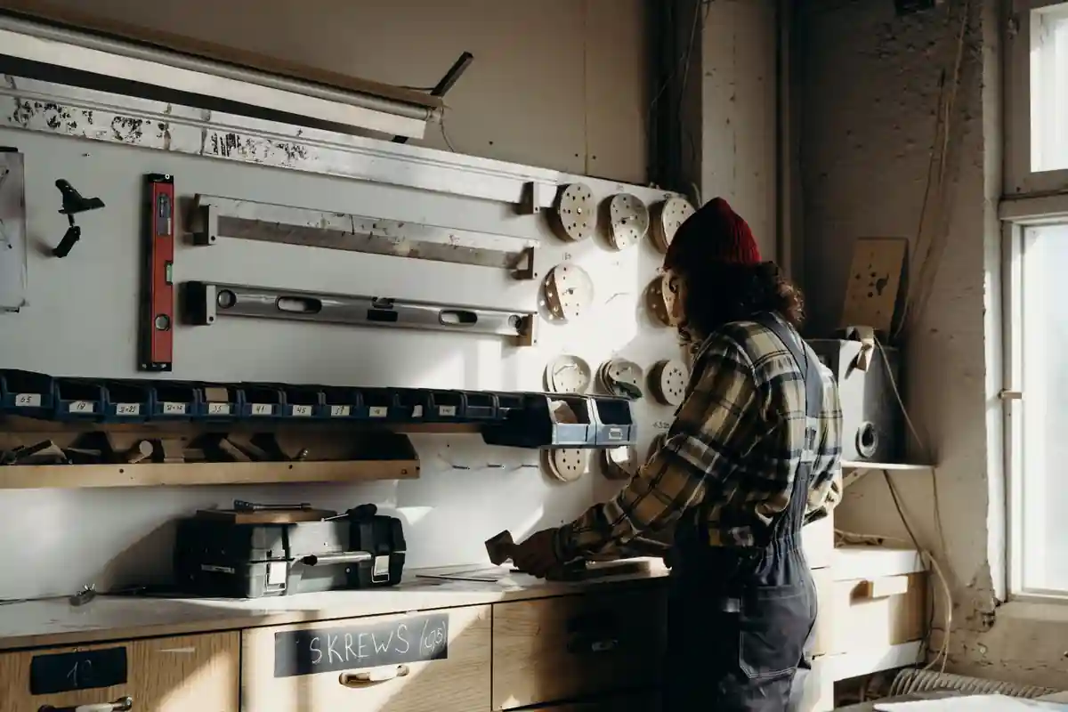 Vakman werkt aan een houten paneel in een meubelwerkplaats.