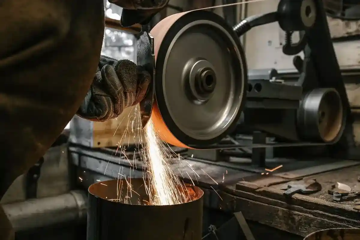 Metaalbewerker slijpt een metalen werkstuk in een werkplaats.
