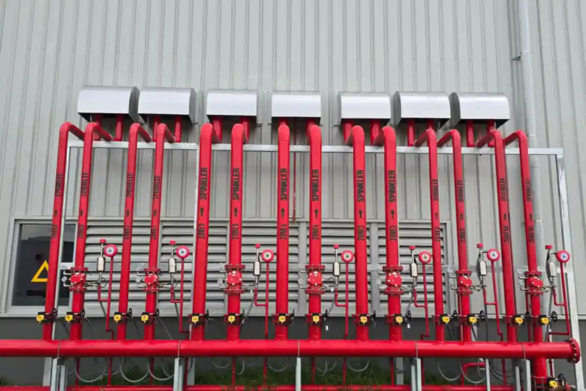 Rode leidingen en afsluiters van een sprinklerinstallatie langs een fabriekswand.