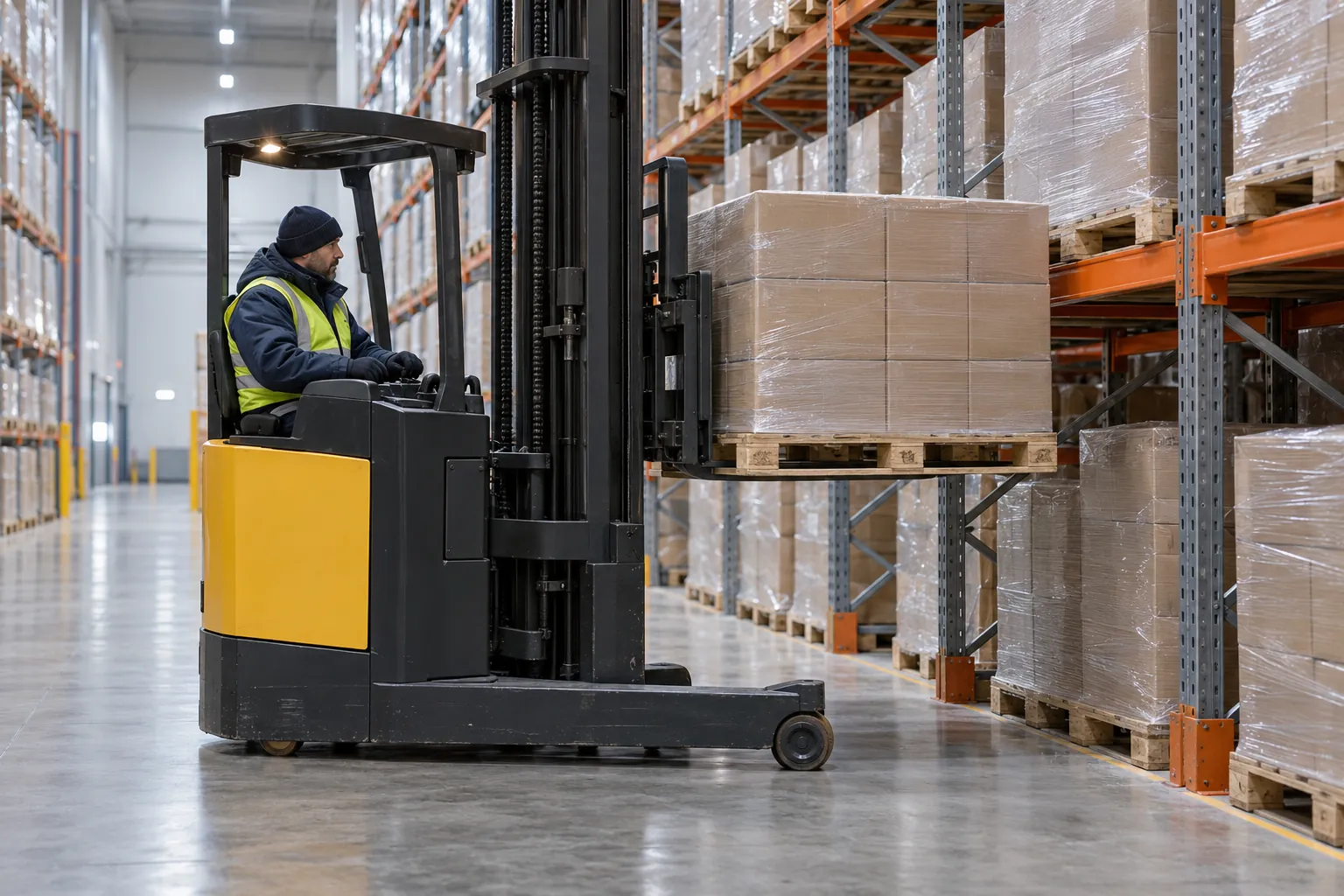 Een reachtruckchauffeur in warme werkkleding positioneert een pallet bij magazijnstellingen.