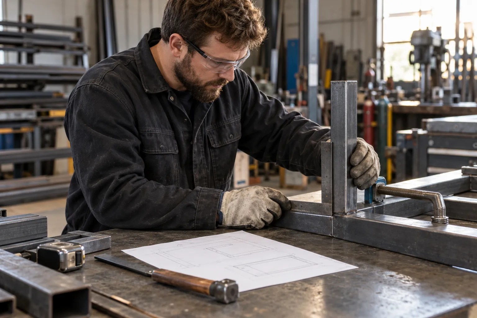 Een samensteller controleert een stalen frame met een winkelhaak naast een technische tekening.