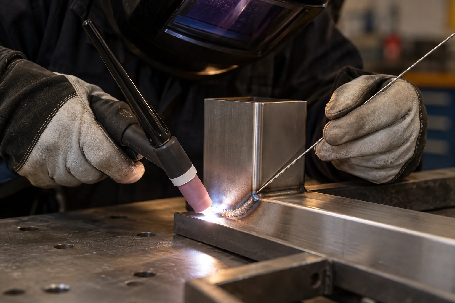 Close-up van TIG-lassen aan een metalen verbinding met een lastoorts en toevoegmateriaal.