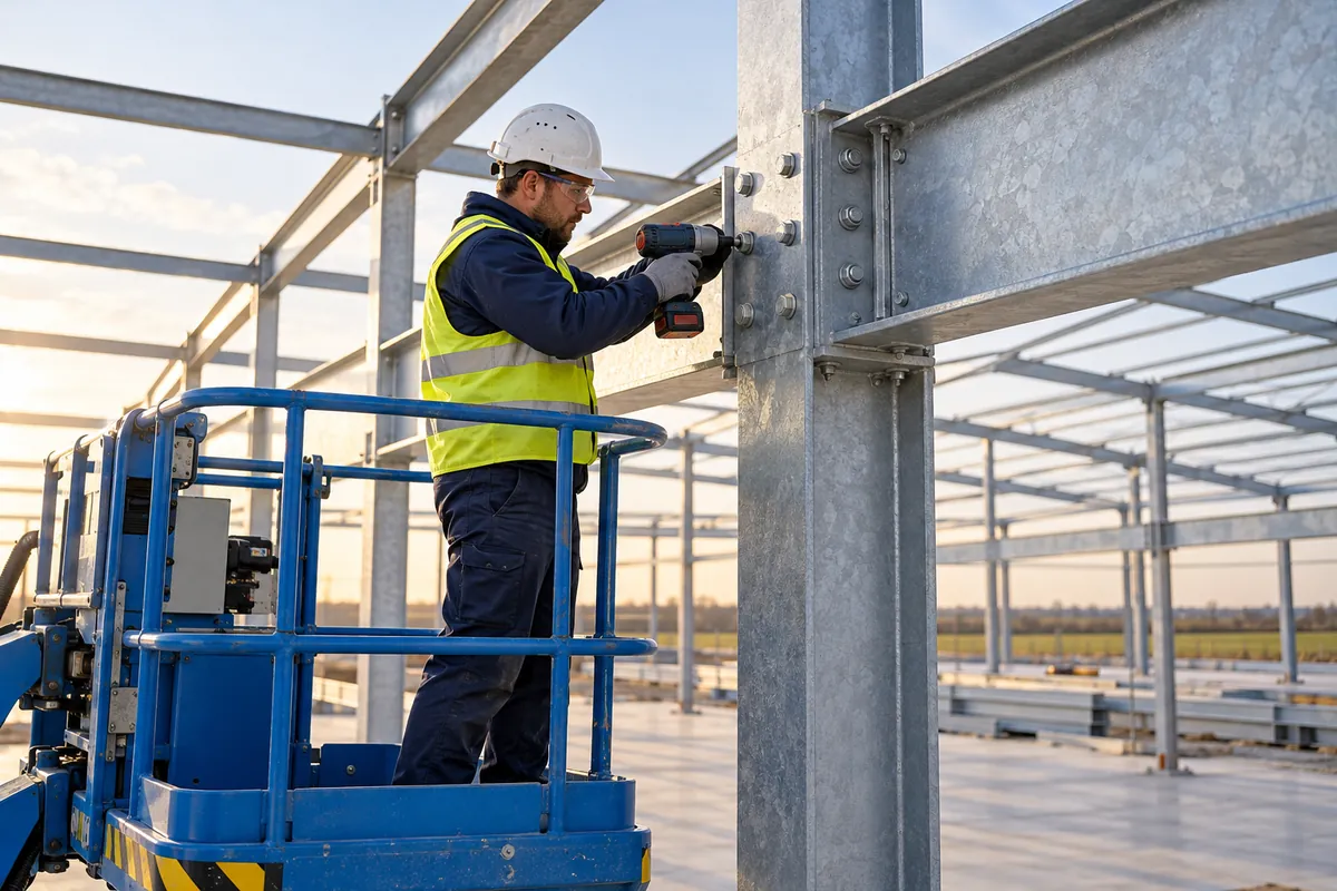 Illustratie van een staalconstructiemonteur bij een boutverbinding, werkend vanuit een hoogwerker.
